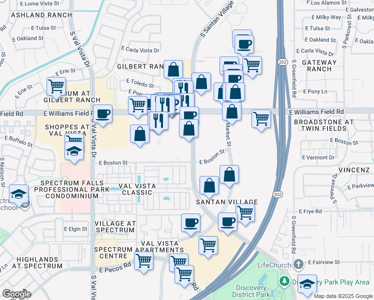 map of restaurants, bars, coffee shops, grocery stores, and more near 2550 South Santan Village Parkway in Gilbert