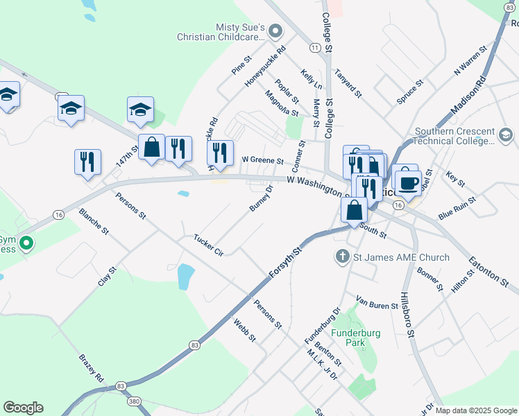 map of restaurants, bars, coffee shops, grocery stores, and more near 118 Burney Drive in Monticello