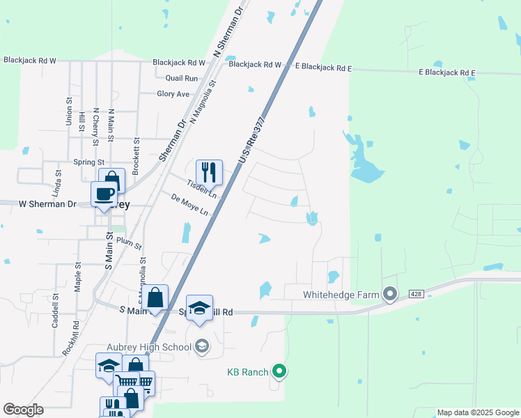 map of restaurants, bars, coffee shops, grocery stores, and more near 460 U.S. 377 in Aubrey