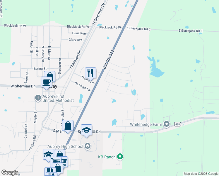 map of restaurants, bars, coffee shops, grocery stores, and more near 460 U.S. 377 in Aubrey