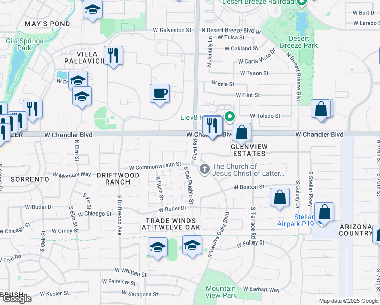 map of restaurants, bars, coffee shops, grocery stores, and more near 101 North Del Pueblo Place in Chandler