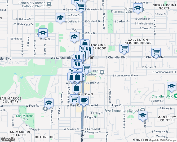 map of restaurants, bars, coffee shops, grocery stores, and more near 105 East Buffalo Street in Chandler