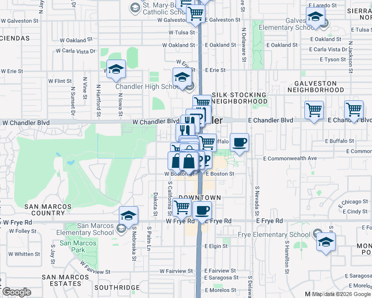 map of restaurants, bars, coffee shops, grocery stores, and more near 1 North San Marcos Place in Chandler