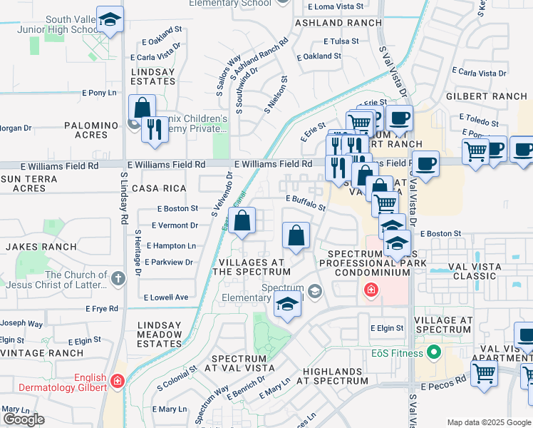 map of restaurants, bars, coffee shops, grocery stores, and more near 1164 East Boston Street in Gilbert