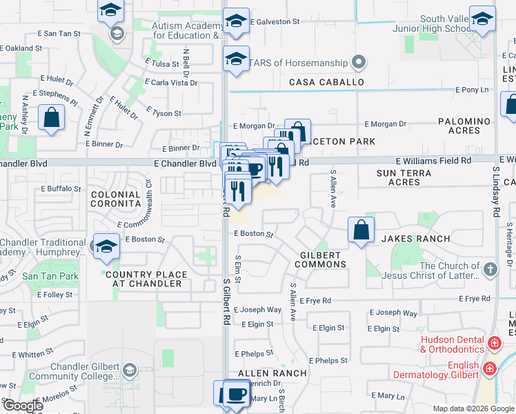 map of restaurants, bars, coffee shops, grocery stores, and more near 120 East Bernie Lane in Gilbert
