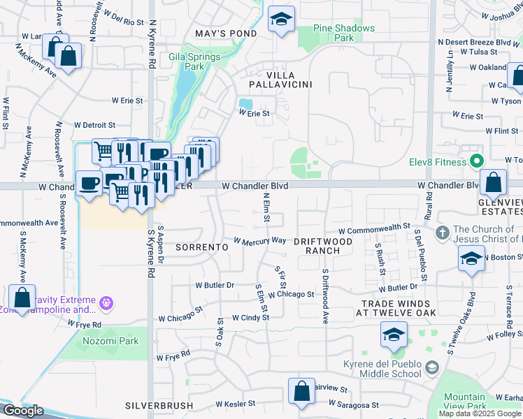 map of restaurants, bars, coffee shops, grocery stores, and more near 150 North Elm Street in Chandler