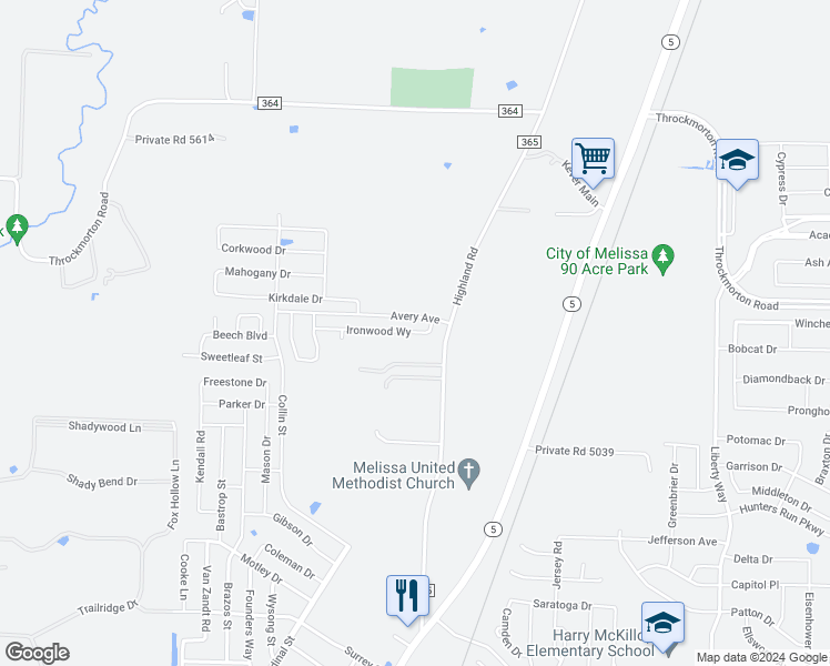map of restaurants, bars, coffee shops, grocery stores, and more near 4139 Highland Road in Melissa