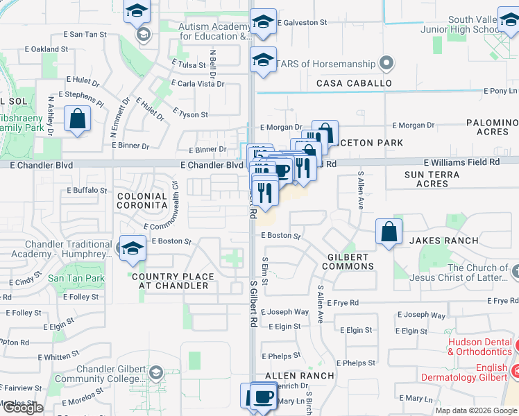 map of restaurants, bars, coffee shops, grocery stores, and more near 2487 South Gilbert Road in Gilbert