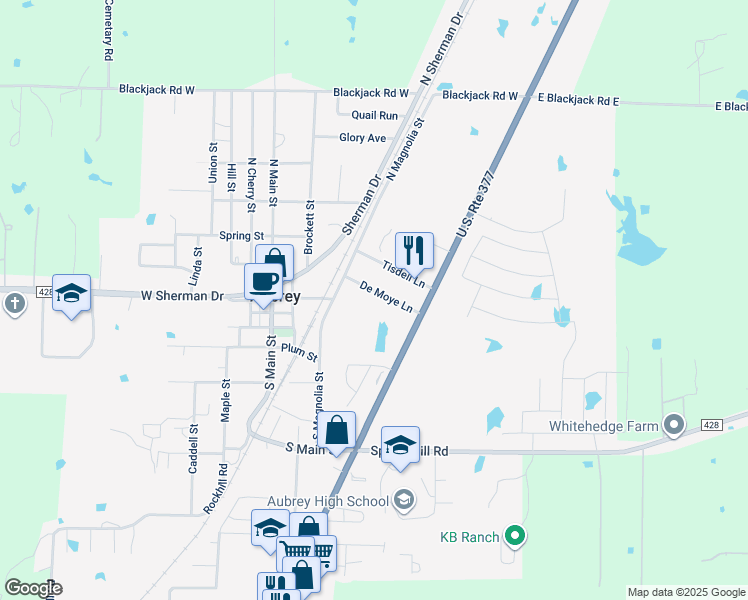 map of restaurants, bars, coffee shops, grocery stores, and more near 418 De Moye Lane in Aubrey