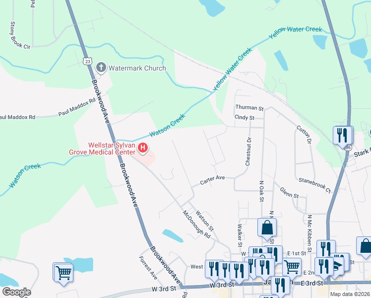 map of restaurants, bars, coffee shops, grocery stores, and more near 496 Oakland Circle in Jackson