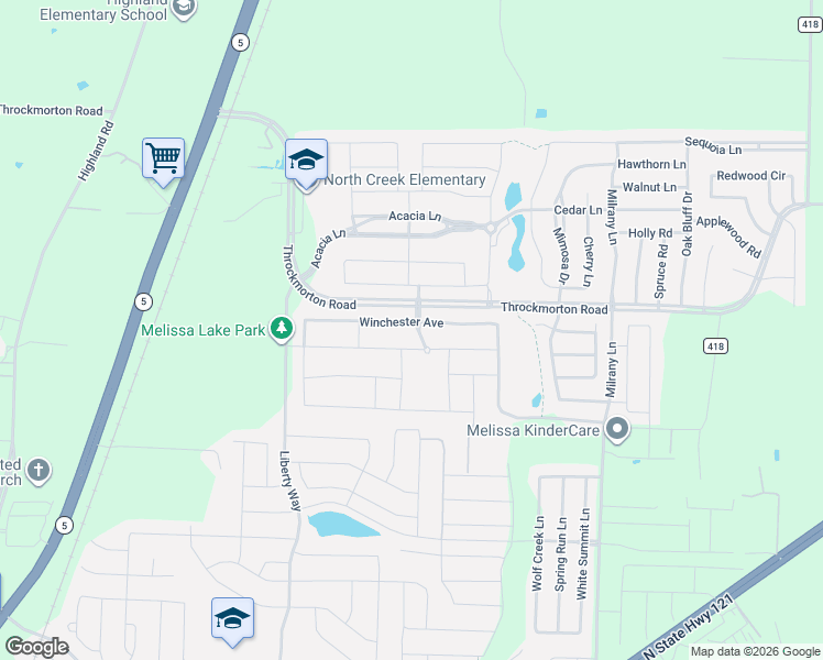 map of restaurants, bars, coffee shops, grocery stores, and more near 2920 Winchester Avenue in Melissa