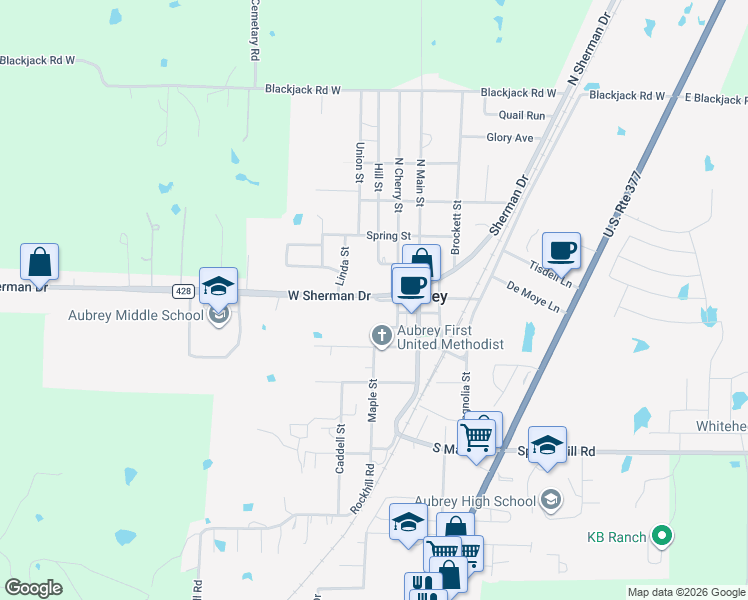 map of restaurants, bars, coffee shops, grocery stores, and more near 400 West Sherman Drive in Aubrey
