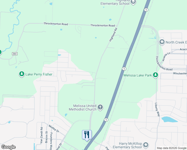 map of restaurants, bars, coffee shops, grocery stores, and more near 4139 Highland Road in Melissa