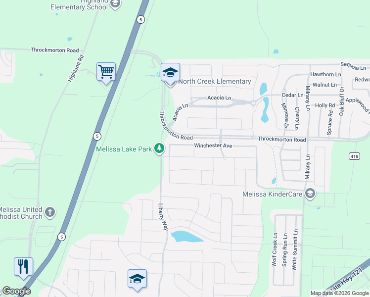map of restaurants, bars, coffee shops, grocery stores, and more near 2813 Winchester Avenue in Melissa