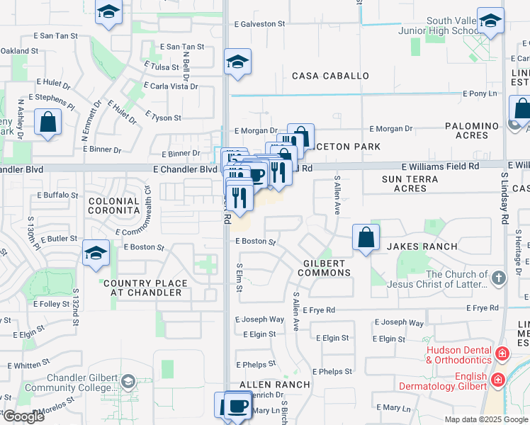 map of restaurants, bars, coffee shops, grocery stores, and more near 120 East Bernie Lane in Gilbert