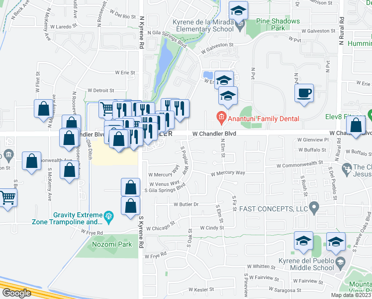 map of restaurants, bars, coffee shops, grocery stores, and more near 9 South Poplar Way in Chandler