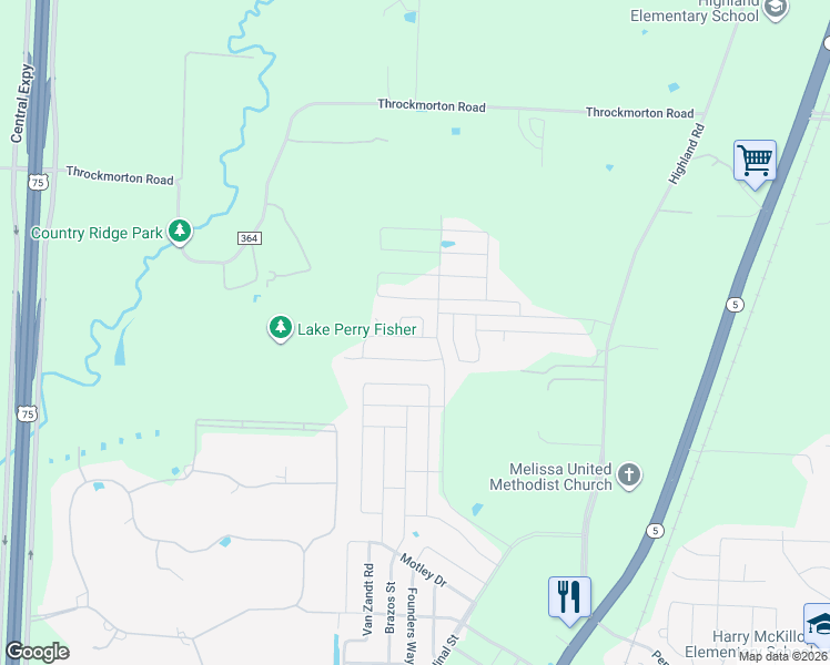 map of restaurants, bars, coffee shops, grocery stores, and more near 7359 County Road 365 in Melissa