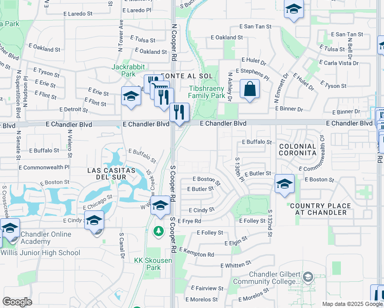 map of restaurants, bars, coffee shops, grocery stores, and more near 93 North Cooper Road in Chandler