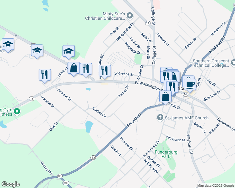 map of restaurants, bars, coffee shops, grocery stores, and more near 118 Burney Drive in Monticello