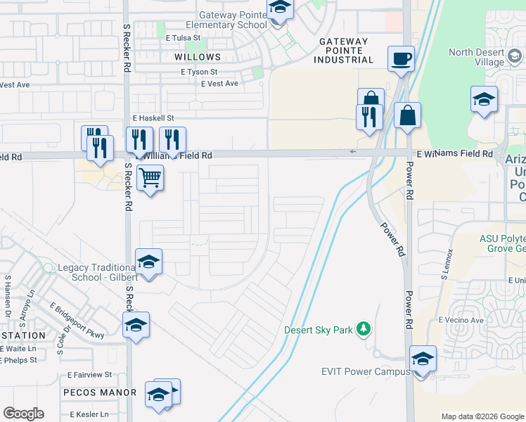 map of restaurants, bars, coffee shops, grocery stores, and more near 4366 East Skousen Street in Gilbert