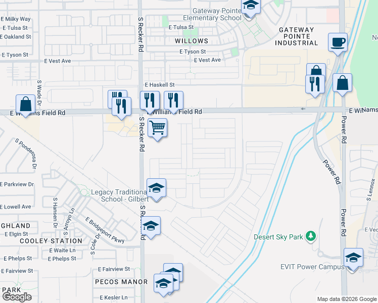 map of restaurants, bars, coffee shops, grocery stores, and more near 17601-17881 East Williams Field Road in Gilbert