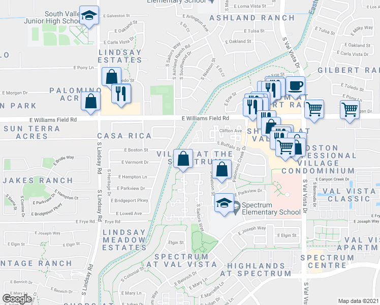 map of restaurants, bars, coffee shops, grocery stores, and more near 1164 East Boston Street in Gilbert