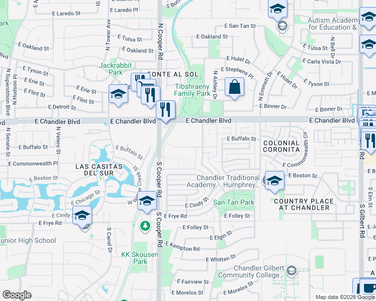 map of restaurants, bars, coffee shops, grocery stores, and more near 126 North Cottonwood Street in Chandler