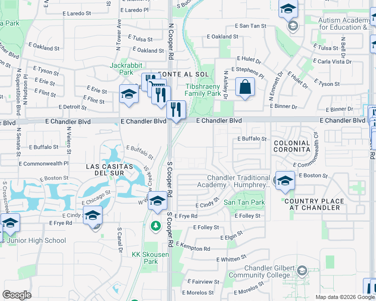 map of restaurants, bars, coffee shops, grocery stores, and more near 93 North Cooper Road in Chandler