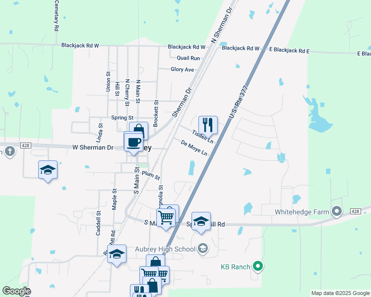 map of restaurants, bars, coffee shops, grocery stores, and more near 418 De Moye Lane in Aubrey