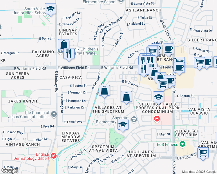 map of restaurants, bars, coffee shops, grocery stores, and more near 1164 East Boston Street in Gilbert
