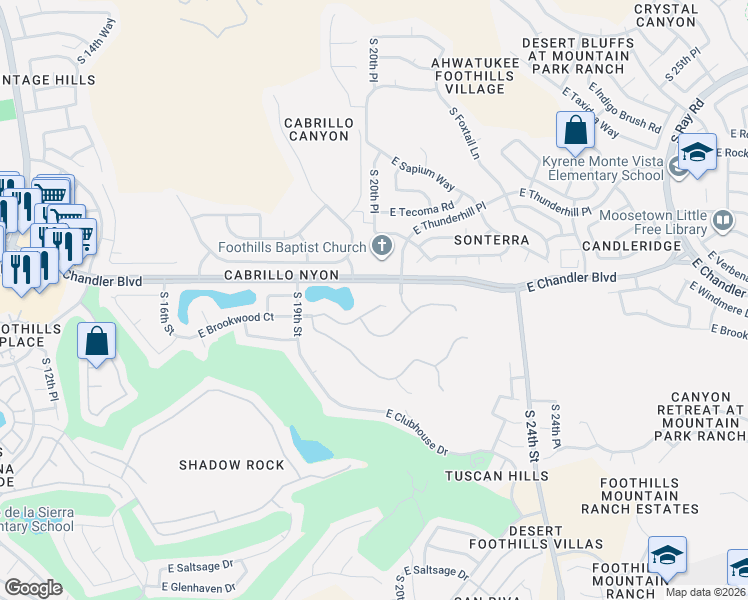 map of restaurants, bars, coffee shops, grocery stores, and more near 2012 East Brookwood Court in Phoenix