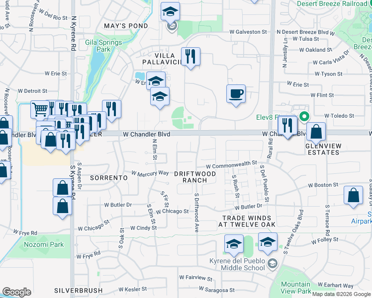 map of restaurants, bars, coffee shops, grocery stores, and more near 5436 West Buffalo Street in Chandler