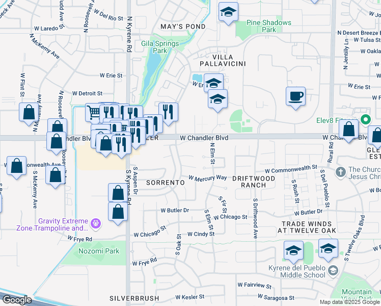 map of restaurants, bars, coffee shops, grocery stores, and more near 5742 West Buffalo Place in Chandler