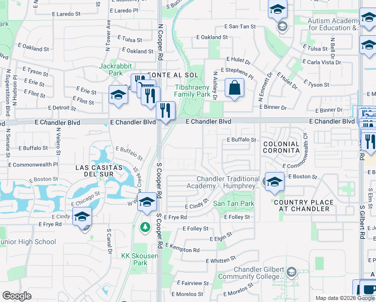 map of restaurants, bars, coffee shops, grocery stores, and more near 126 North Cottonwood Street in Chandler
