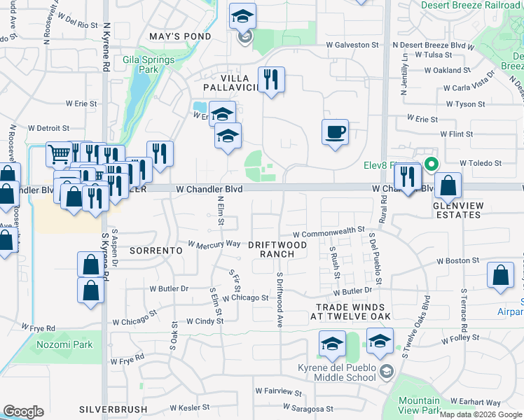 map of restaurants, bars, coffee shops, grocery stores, and more near 5446 West Buffalo Street in Chandler