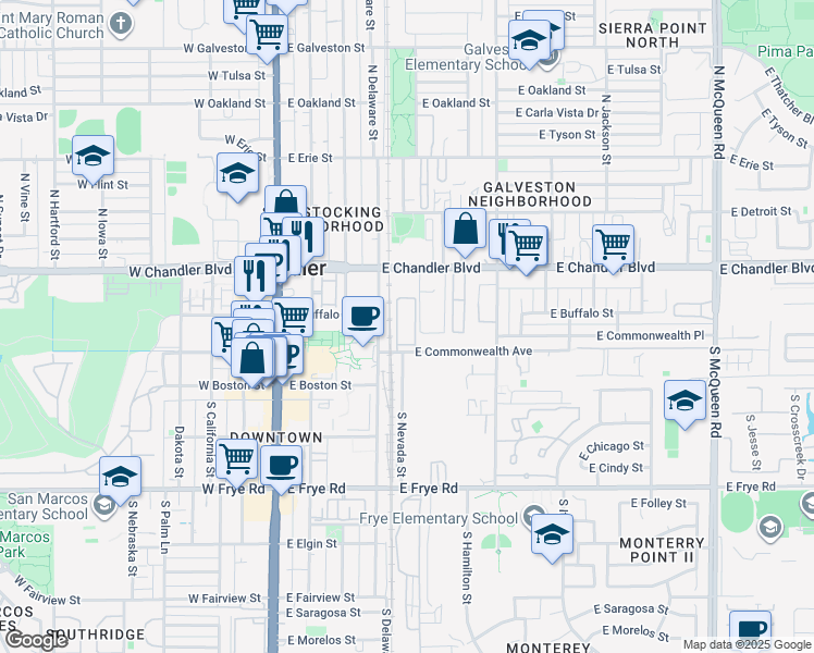 map of restaurants, bars, coffee shops, grocery stores, and more near 300 East Commonwealth Avenue in Chandler
