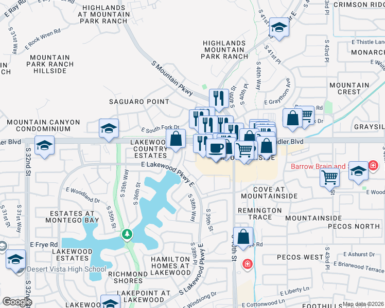 map of restaurants, bars, coffee shops, grocery stores, and more near 3830 South Lakewood Parkway East in Phoenix