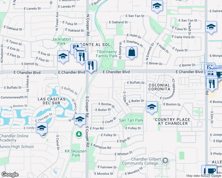 map of restaurants, bars, coffee shops, grocery stores, and more near 126 North Cottonwood Street in Chandler