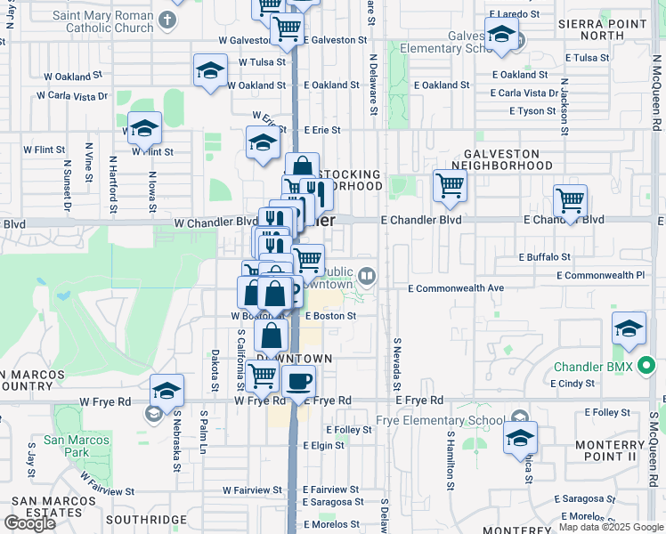 map of restaurants, bars, coffee shops, grocery stores, and more near 105 E Buffalo St in Chandler