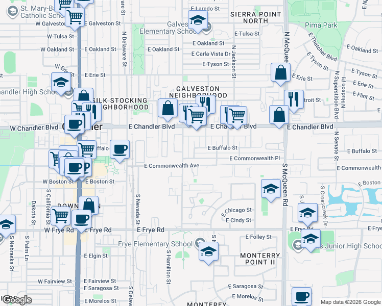 map of restaurants, bars, coffee shops, grocery stores, and more near 75 North Hamilton Street in Chandler