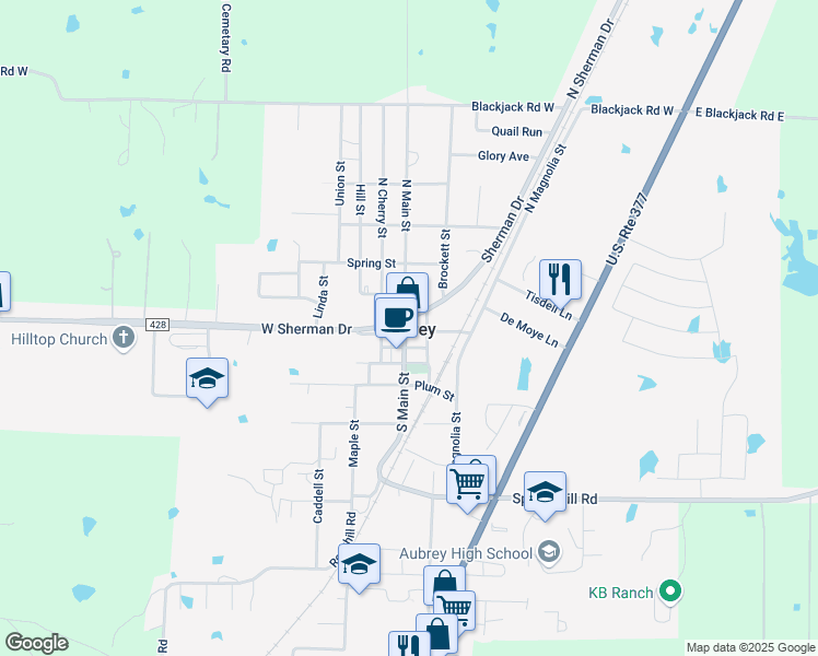 map of restaurants, bars, coffee shops, grocery stores, and more near Rockhill Road in Aubrey