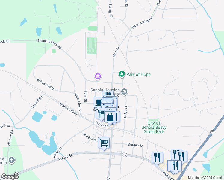 map of restaurants, bars, coffee shops, grocery stores, and more near 158 Main Street in Senoia
