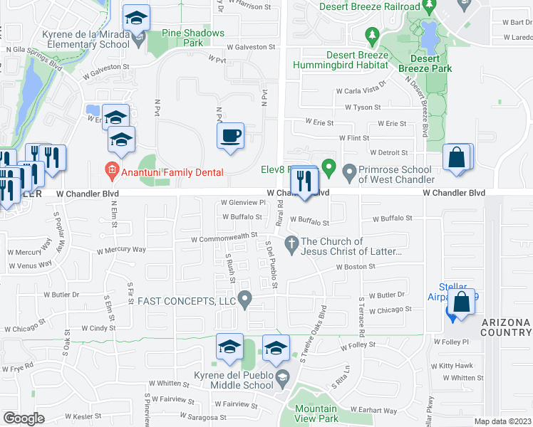 map of restaurants, bars, coffee shops, grocery stores, and more near 5042 West Buffalo Street in Chandler