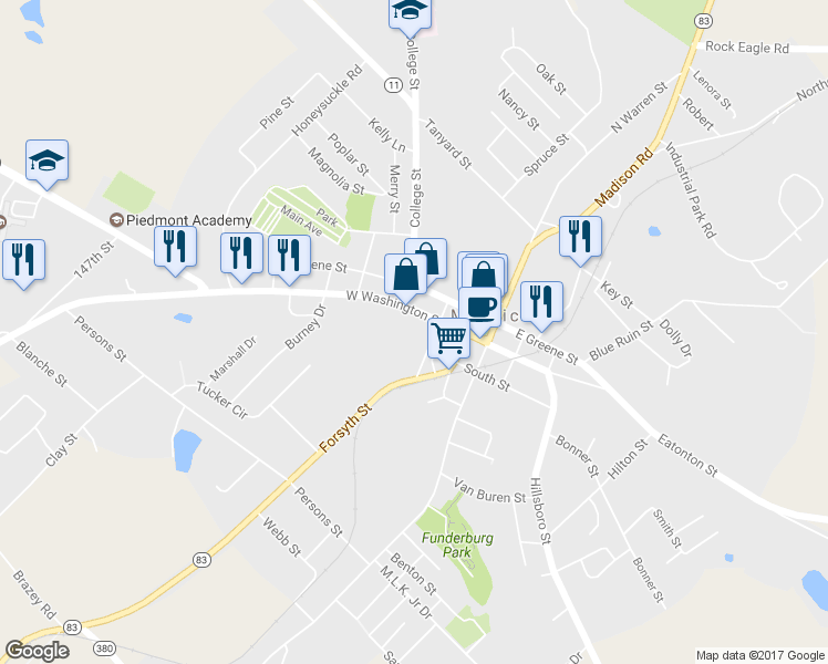 map of restaurants, bars, coffee shops, grocery stores, and more near 337 West Washington Street in Monticello
