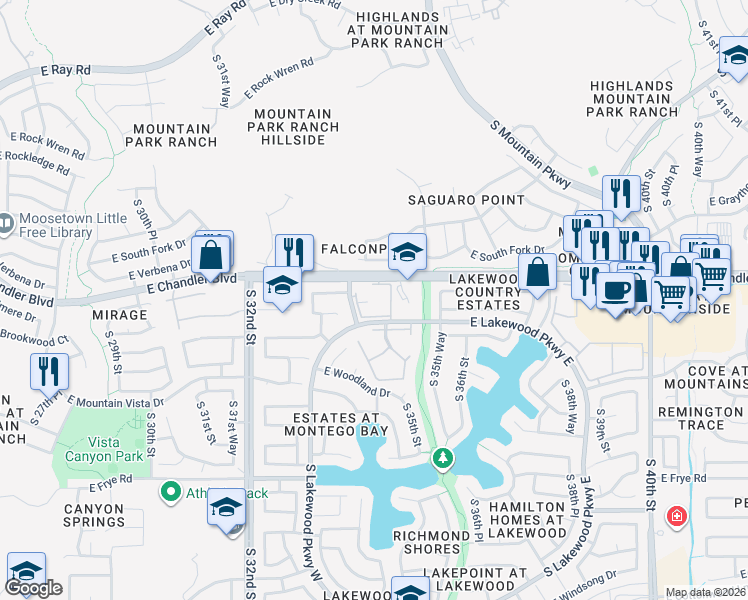 map of restaurants, bars, coffee shops, grocery stores, and more near 3425 East Chandler Boulevard in Phoenix