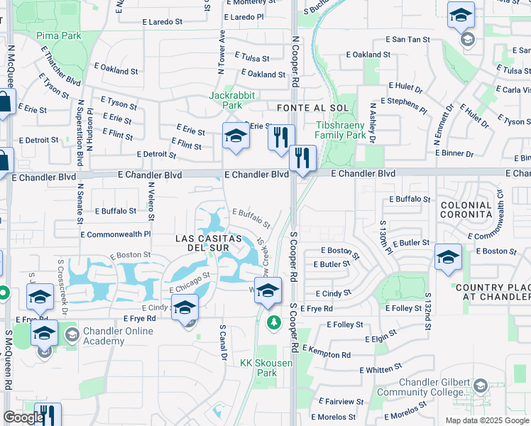 map of restaurants, bars, coffee shops, grocery stores, and more near 83 North Amber Court in Chandler