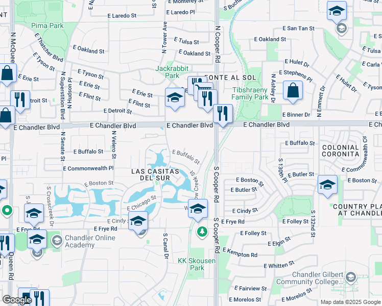 map of restaurants, bars, coffee shops, grocery stores, and more near 62 North Amber Court in Chandler