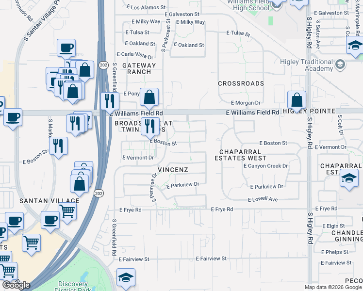 map of restaurants, bars, coffee shops, grocery stores, and more near 2693 East Boston Street in Gilbert