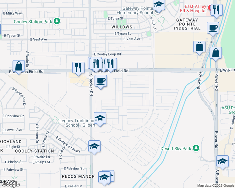 map of restaurants, bars, coffee shops, grocery stores, and more near 17601-17881 East Williams Field Road in Gilbert
