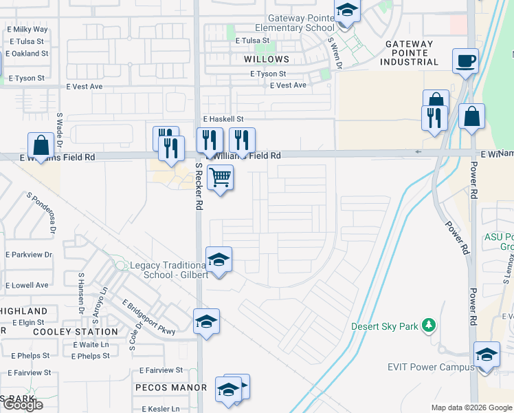 map of restaurants, bars, coffee shops, grocery stores, and more near 17601-17881 East Williams Field Road in Gilbert